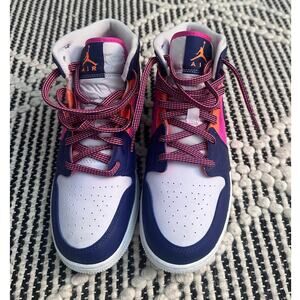 New Nike Air Jordan 1 Mid GS Fire Pink Purple Fuchsia Orange Lace Sneakers, 6Y